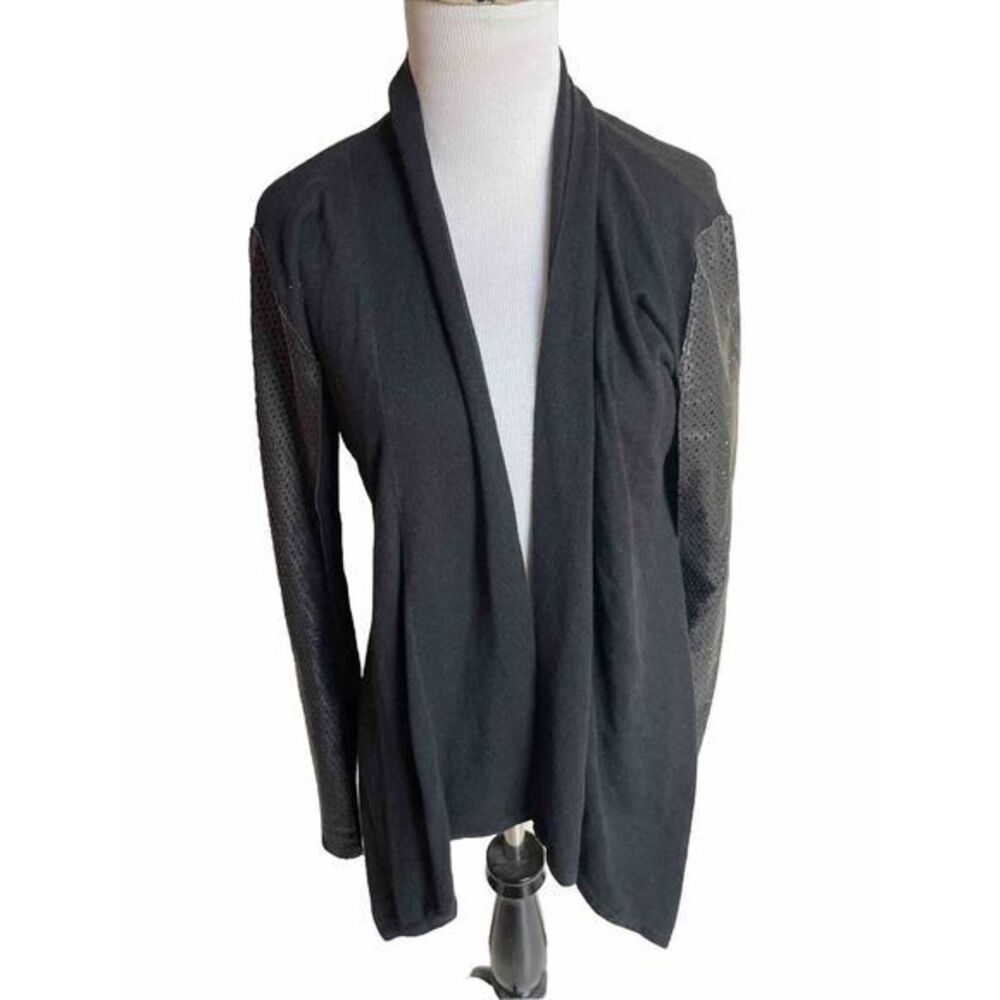 Neiman Marcus Cashmere Cotton Blend‎ Cardigan Sweater Womens Black Leather S